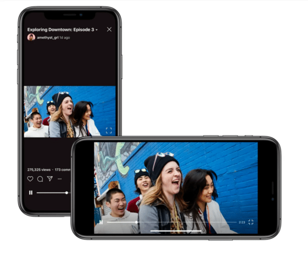 两个手机屏幕显示如何查看横向instagram视频